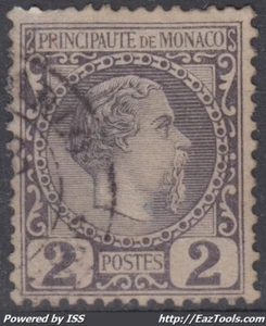 MONACO : PRINCE CHARLES III 2c VIOLET GRIS N° 2 OBLITERATION LEGERE - Picture 1 of 2