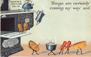 Postcard ADV: Excelsior Stove & Mfg., Anthropomorphic Food & Kettles, DB 1910's - Picture 1 of 2