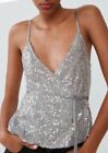 New ZARA Women?s Silver Strap Cami Sequin Wrap Belted TOP Size Large (Run small)