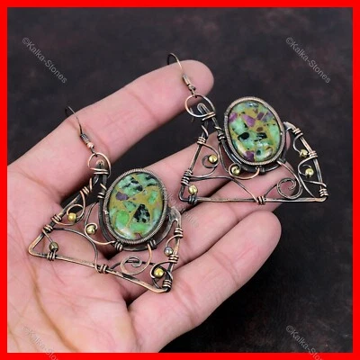 Медь медь рубин цоизит драгоценных камней проволока обернутый подвеской капли серьги ювелирные изделия - Изображение 1 из 4