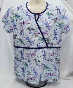 Green Town Scrub Dragonfly Floral Scrub Top Short Sleeve V Neck Small - Picture 1 of 3