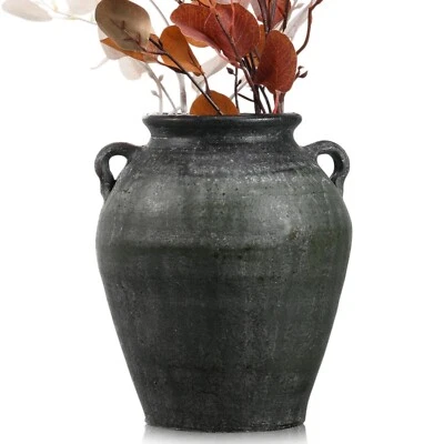 Jarrón grande de cerámica con 2 asas 11 pulgadas de alto florero de terracota rústico vintage... Foto 1 de 4