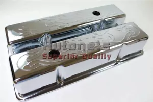 Chrome SBC Chevy Valve Cover Stamped Flames 283-305-327-350-400 Small Block Tall - Bild 1 von 2