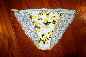 L ❤️ Victoria's Secret ❤️ SATIN STRING BIKINI PANTIES BACK LACE ❤️ BLUE LEMONS - Picture 1 of 4
