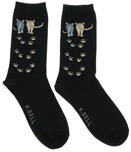 K. Bell Women's Kitten Friends Crew Socks Tabby Cats 60% Cotton Black Size 9-11