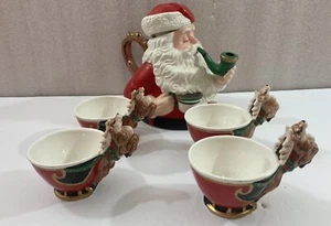 Dept 56 Christmas JOLLY SAINT NICK Santa Tea Set 6 piece tea pot 4 reindeer cups - Picture 1 of 11