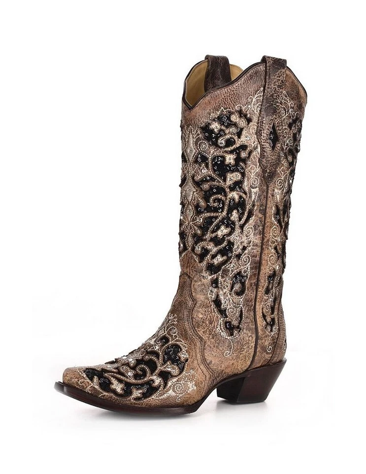 Corral Womens 9 A3569 Brown Leather Crystal Black Glitter Fashion Boots Snip Toe