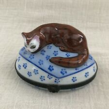 New ListingLimoges Porcelain Trinket Box, Brown Cat on Oval Blue & White, for Horchow
