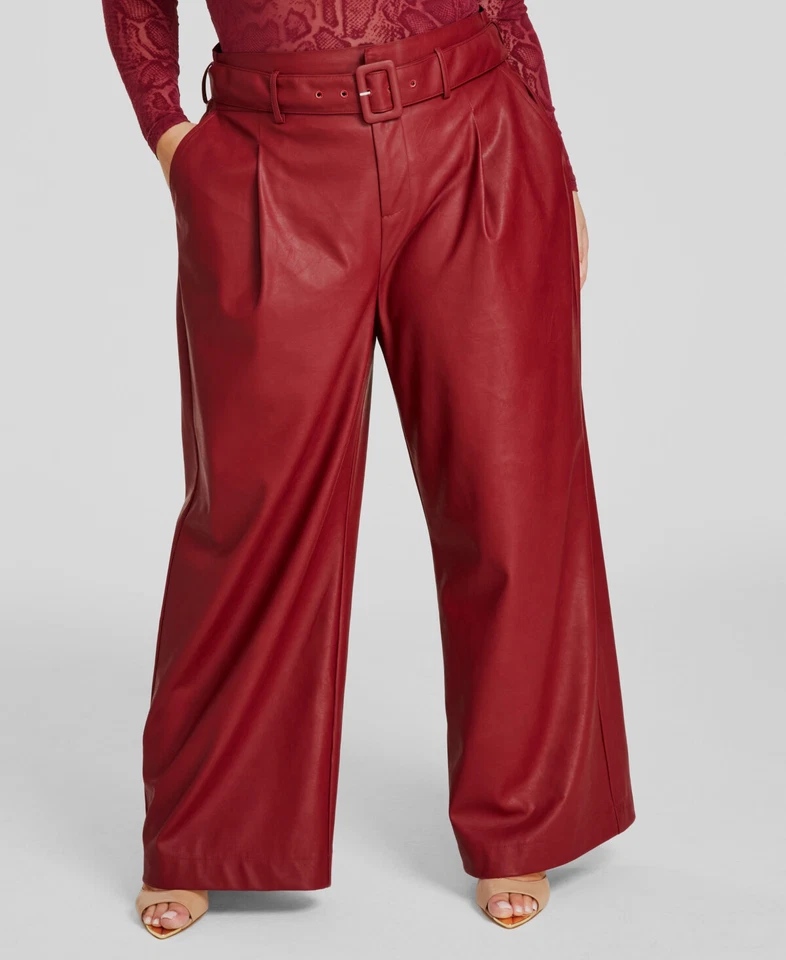 Nina Parker Women's Red Faux Leather Belted Wide Leg Pants Size 14W