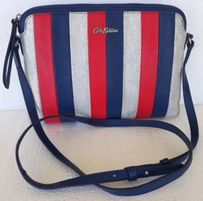 Cath Kidston ~ Bolso Bandolera Cuero Rojo Azul Plateado Rayas ~ 7" x 10" ~Muy Bonito Foto 1 de 4