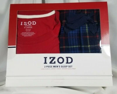 Conjunto de dormir IZOD PJs XL vermelho manga longa jersey tripulação, azul xadrez calças de microfleece  - Imagem 1 de 4