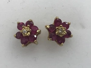 14k Yellow Gold Natural Ruby & Diamond Earrings - Picture 1 of 6