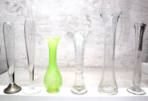 6 Vintage Flower Vases-Clear-Green Awesome Lot!! - Picture 1 of 11
