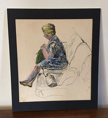 Acuarela Pintura Dibujo Boceto Mujer Tejer Pluma y Tinta 1930 1940 Retrato Foto 1 de 4