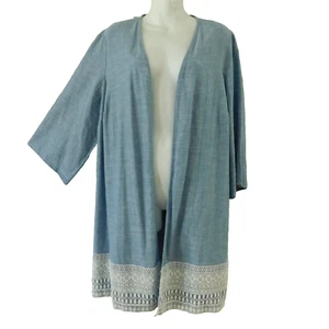 Catherines Womens Open Front Linen Blend Duster 0X Chambray Blue Lace Long NWT - Picture 1 of 14