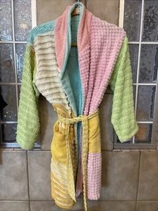 Vintage Marilyn Wolf Chenille Short Robe Yellow White Pink Green Med With Belt - Picture 1 of 9