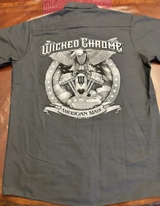 Biker Wicked Chrome Button Down Short Sleeve Size Large - Picture 1 of 7