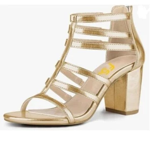 FSJ Gold Chunky High Heel Sandals Open Toe T-Strap Cutout Dress Back Zipper Shoe - Picture 1 of 6