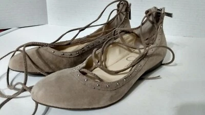 Jessica Simpson "LIBRA" Tan Suede leather lace-up Slip on Ballet Flat shoes 6 M - Imagem 1 de 4