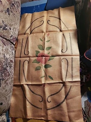 Vtg Stamped Burlap  Floral Hook Rug Pattern Oval 19.5" X 36" - Image 1 of 3