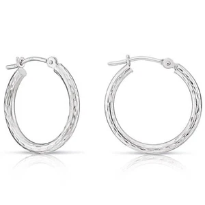14K Solid White Gold Hand Engraved Full Diamond-Cut Round Hoop Earrings 11-35mm - Picture 1 of 34