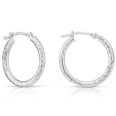 14K Solid White Gold Hand Engraved Full Diamond-Cut Round Hoop Earrings 11-35mm - Image 1 of 4