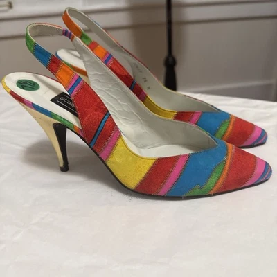 Vtg New Stuart Weitzman7.5M Sling back  Silk Pump Gold Heels Stunning Rainbow - Image 1 of 4