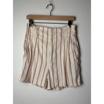 Anthropologie 条纹短裤高腰打褶口袋休闲夏季女式 8 — 第 1/4 张图片