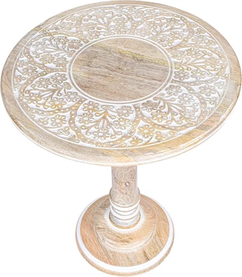 Hand - Carved Wooden End Table – 18" X 22” round Pedestal Side Table, Solid Mang - Image 1 of 4