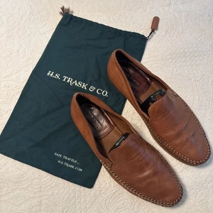 TRASK Slip On Loafers Moccasin Cognac Brown Sheepskin Leather 13 Stitching Nice! - Picture 1 of 11