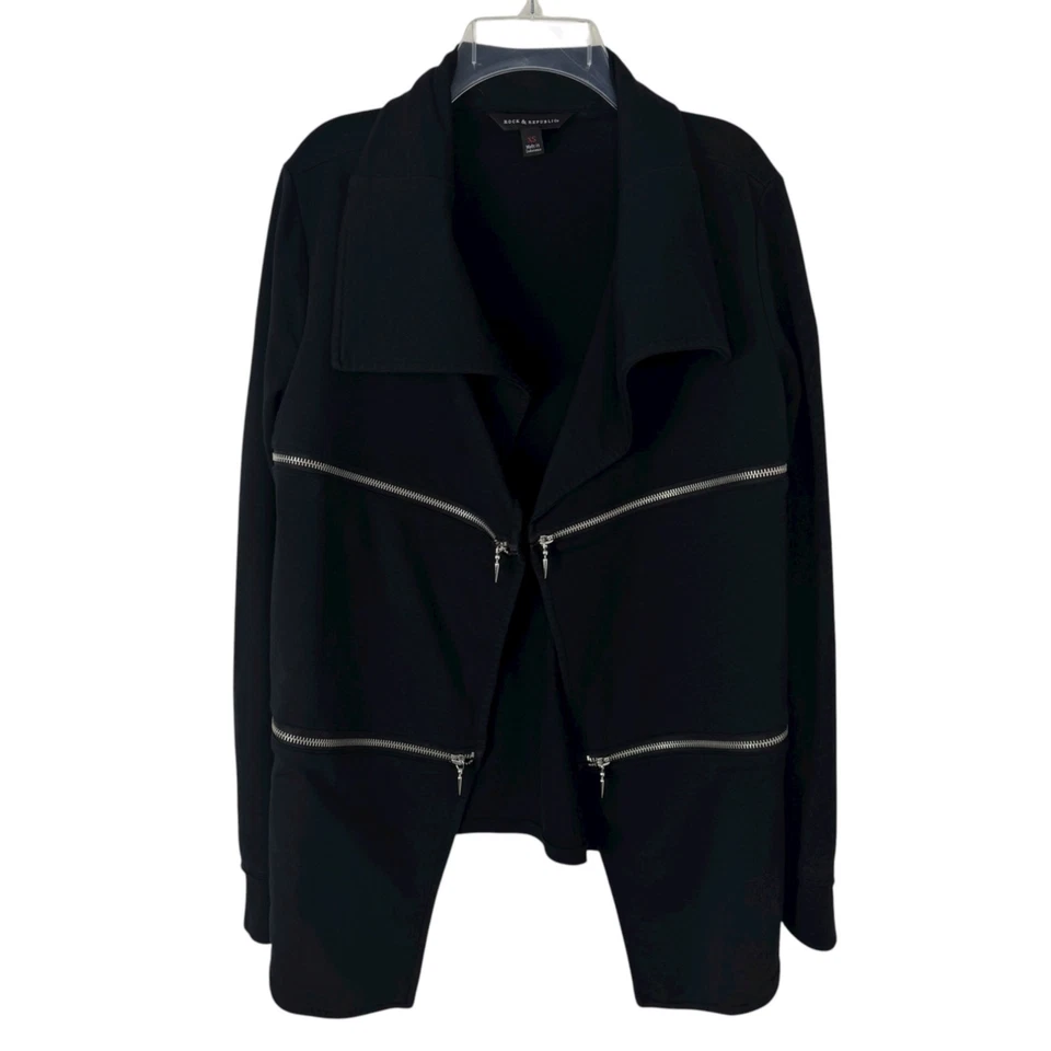 Rock & Republic Black Jacket Open Front Cardigan Top Zipper Pockets Women's XS - Image 1 of 4