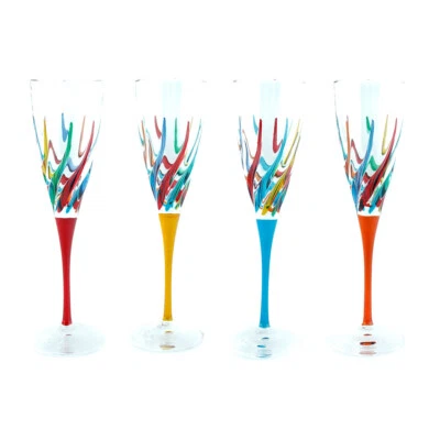Set of Four 4 Murano Champagne Wine Glass Hand Painted Multi Mixed Stems - Image 1 of 4