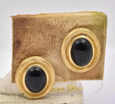 Pendientes Estate nuevos con etiquetas CHRISTIAN DIOR placa de oro cabujón piedra negra Foto 1 de 4