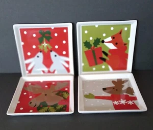 Crate & Barrel Christmas Square Snack Plates Mixed Set of 4 Cute Festive Animals - Picture 1 of 9