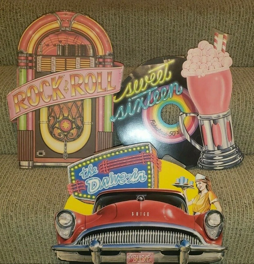 Juego de 3 calcetines troquelados vintage Beistle 1988 Hop años 50 Jukebox Sweet 16 Drive-In Foto 1 de 4