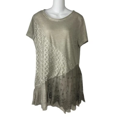 Simply Couture Women's Large Short Sleeve Mixed Media Lace Layered Tunic NWT - Imagem 1 de 4