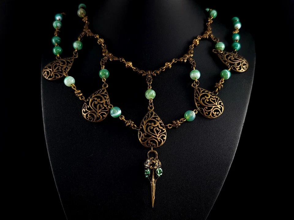 Kette XXL Gothic Vogelschädel Raben grüner Achat - ausgefallen silver anello - Bild 1 von 4