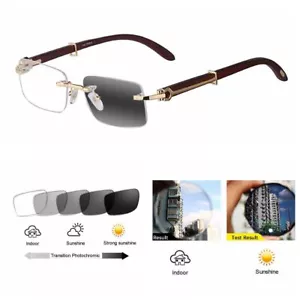Unisex Retro Rimless Wood Grain Anti Blue Photochromic Reading Glass +1~+6 Presc - Picture 1 of 6