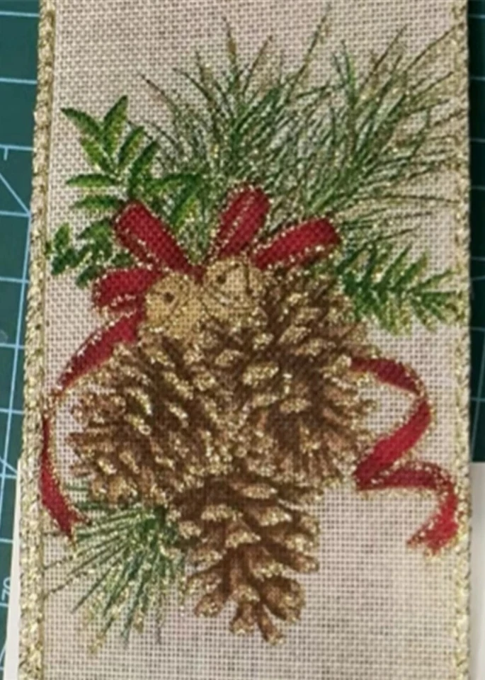 2.5" Pine Cone Bells Wired ribbon~Christmas ribbon~5 Yards - Image 1 of 1