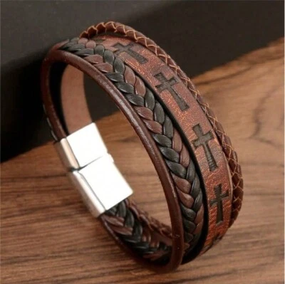 Mens Brown PU Leather Layered Cross Christian Braided Bracelet Wristband Bangle - Image 1 of 4