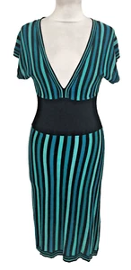 Warehouse Women's Knitted Dress Size 8 Turquoise Striped Silk Sleeves Used F1 - Picture 1 of 10