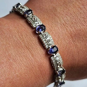 HSN Colleen Lopez Sterling Oval Iolite and White Zircon Line Bracelet 7" - Picture 1 of 4
