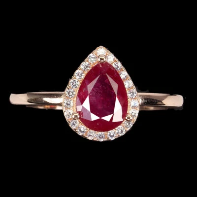 925 Sterling Silver Pear Ruby 8x6mm Simulated Cz Rose Gold Plate Ring 9.5 - Image 1 of 4