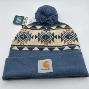 Carhartt Womens Hat Beanie Bethany Yellowtail Pom Pom Blue Cuffed One Size New - Picture 1 of 7