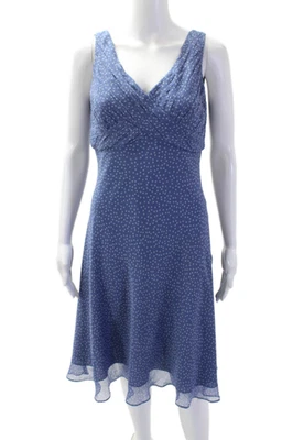 Vestido solero Adrianna Papell para mujer línea A seda lunares azul media pantorrilla talla 8 Foto 1 de 4