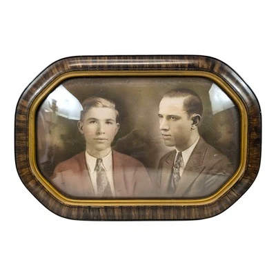 Антикварная выпуклая стеклянная рамка для картин из пузырькового стекла деревянная восьмиугольная 18 x 12 дюймов Brothers - Изображение 1 из 4