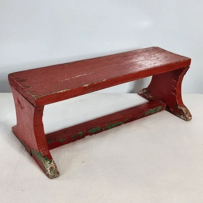 Vintage Primitive Wood Red Painted Chippy Step Stool Bench Centerpiece Decor 16" - Image 1 of 4