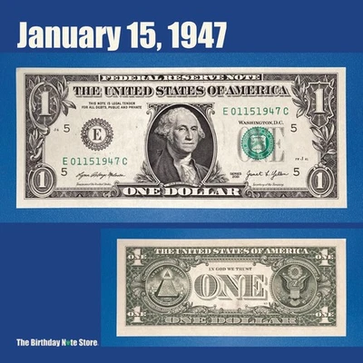 January 15, 1947 Birthday Anniversary $1 One Dollar Bill Serial Number 01151947 - Image 1 of 2