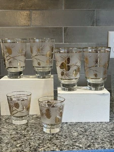 Vintage Libbey Drinking Glasses Frosted w/Gold Gilt Pinecones (set of 6) - Picture 1 of 8