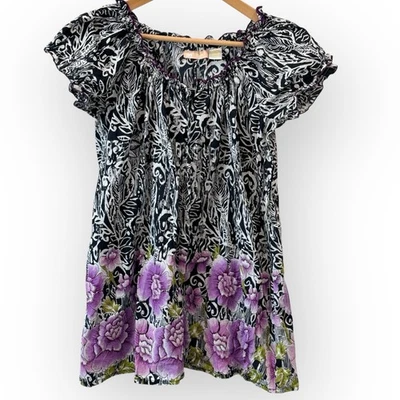 Mini Vestido La Cera Boho Babydoll M Preto Branco Batik Flor Camponesa Cottagecore - Imagem 1 de 4